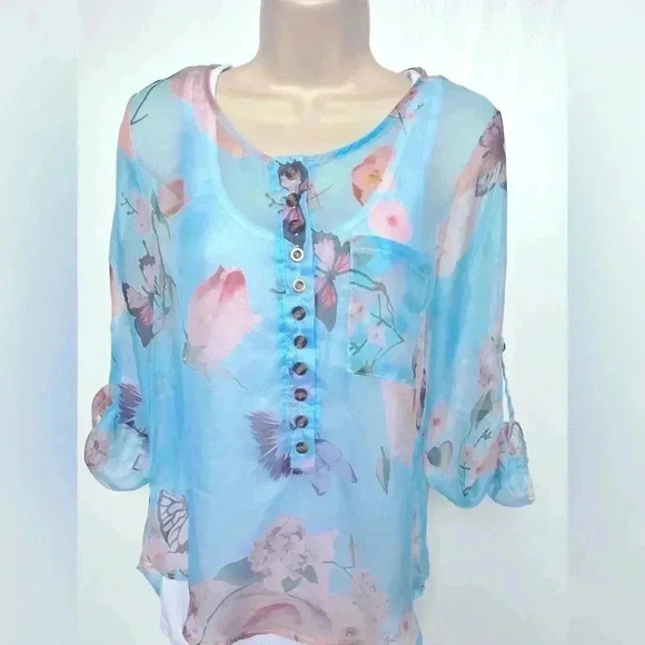 Windsor sheer, silk, flower pattern, blue tone, party top, work top, Versatile! - Picture 1 of 9